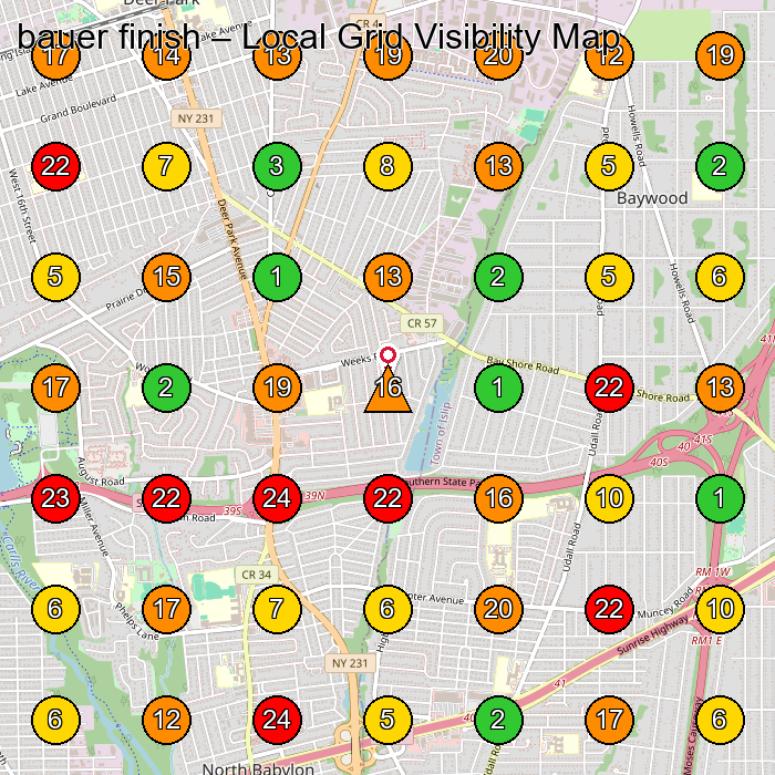 bauer finish Piano Repair Service GeoGrid ranking map for Deer Park NY